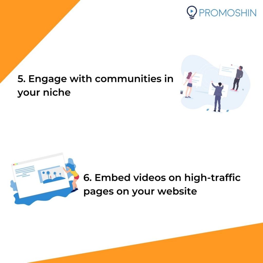 Engage with communities in your niche. Embed videos on high traffic website pages